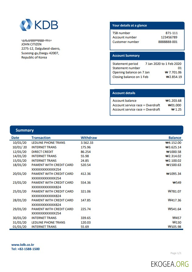 Modèle de relevé de preuve d'adresse de la banque KDB en Corée du Sud au format Word et PDF